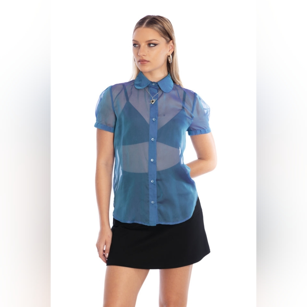 Blackmilk Teal Iridescent & Sheer Button Down Shirt